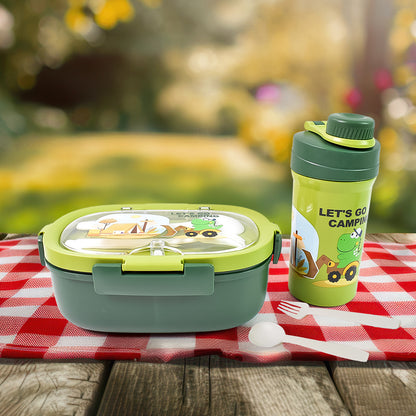 Plastic Lunch Box Leak Proof 3 Compartment With Bottle Spoon And Fork (1 Set) - warehousetech13
