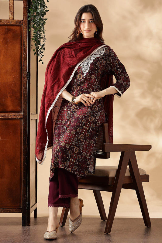 Stylish Anjali Rayon Kurta Set in Wine and Teal with Dupatta