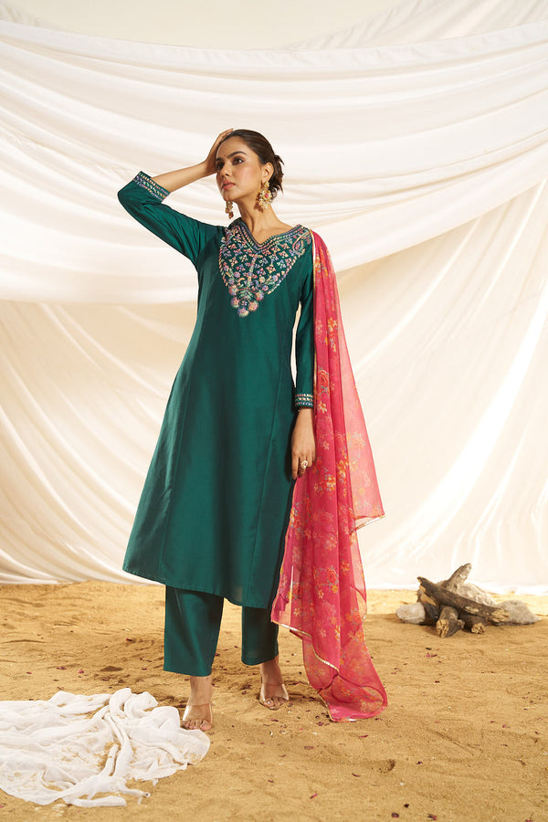 Kayra Green Multicolor Embroidered Chinnon Silk Suit Set - Straight Fit
