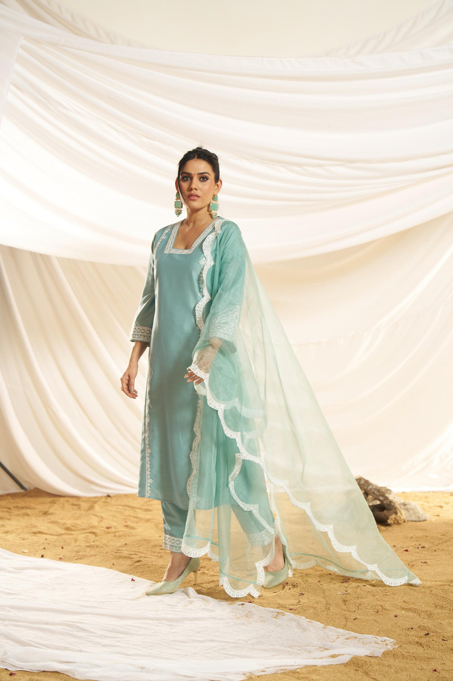 Kayra Aqua Aari Embroidered Chinnon Silk A-Line Suit Set with Cotton Lining