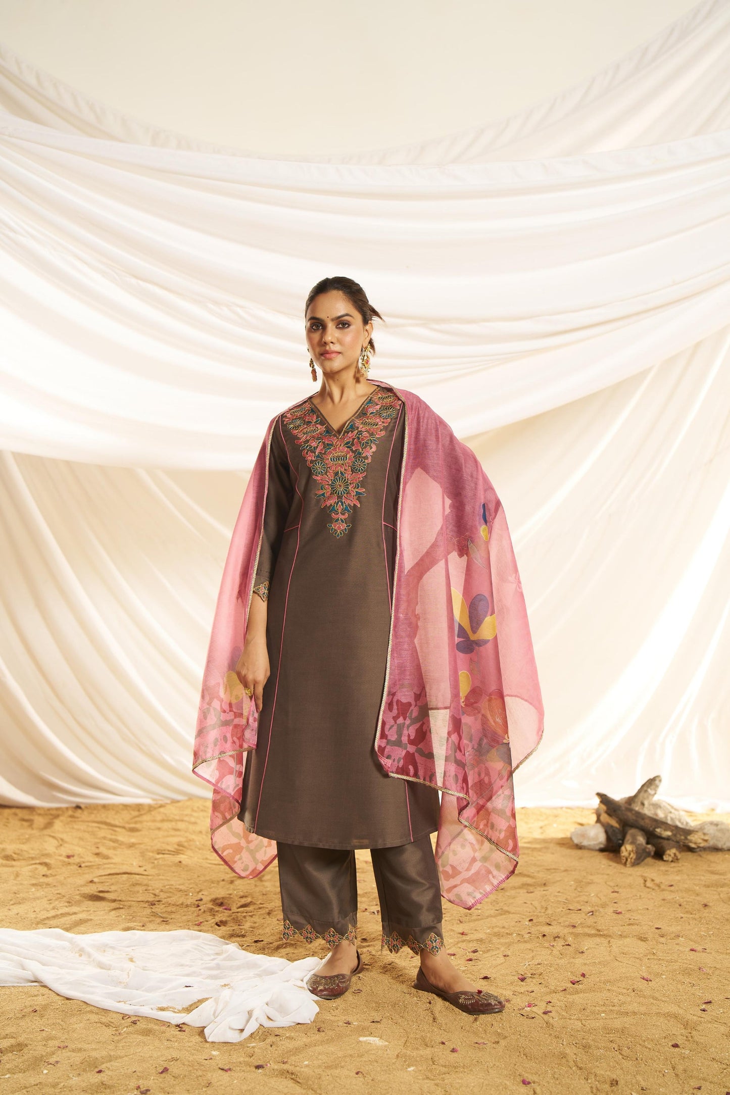 Kayra Brown Beaded Embroidered Chinnon Silk A-Line Suit Set with Cotton Lining