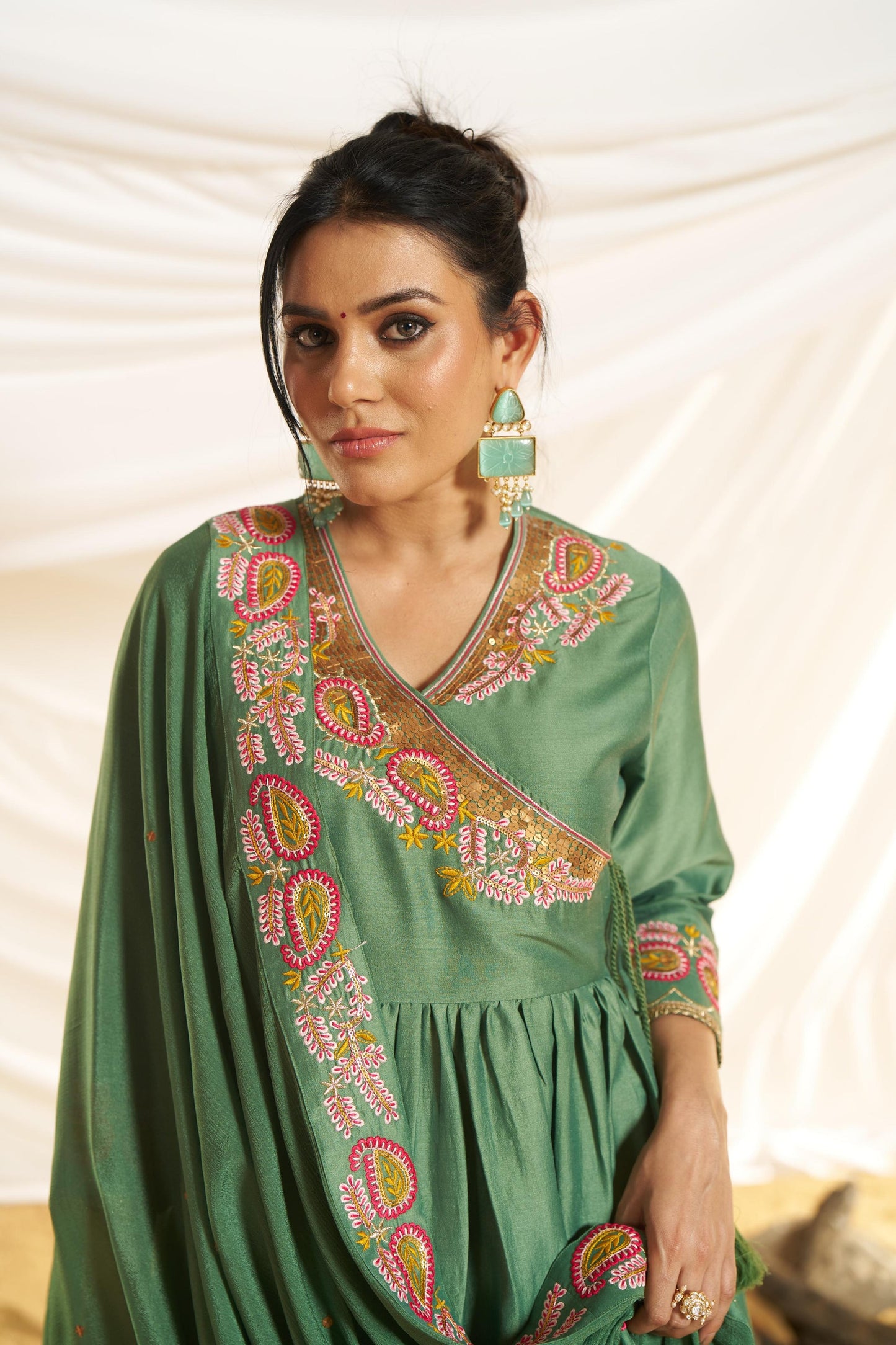Kayra Green Paisley Embroidered Angrakha Suit Set - Chinnon Silk
