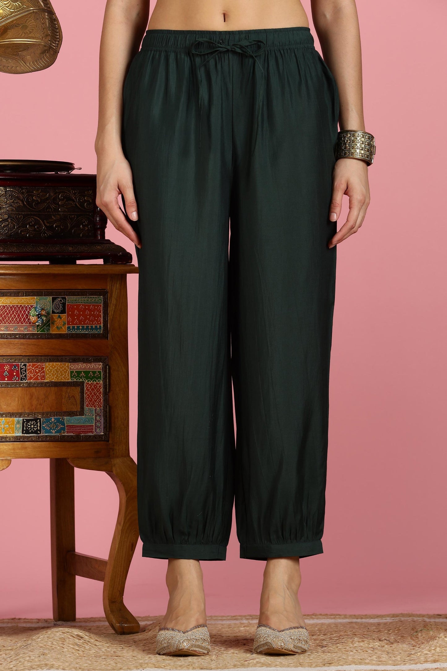 Dark Green Chanderi Silk Kurta Set with Zari Yoke & Coin Embroidery