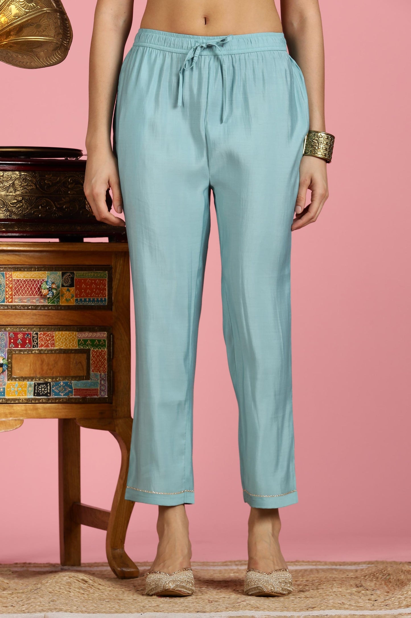 Sky Blue Chanderi Silk Kurta Set with Zari Neckline & Sequin Work