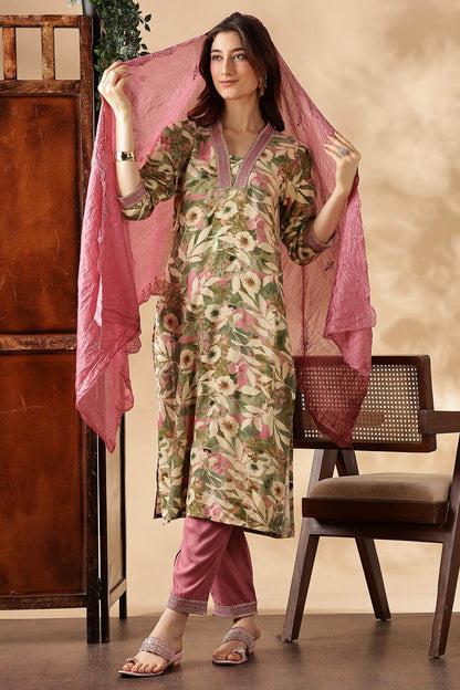 Designer Aafiya Green and Mauve Rayon Kurta with Dupatta Set