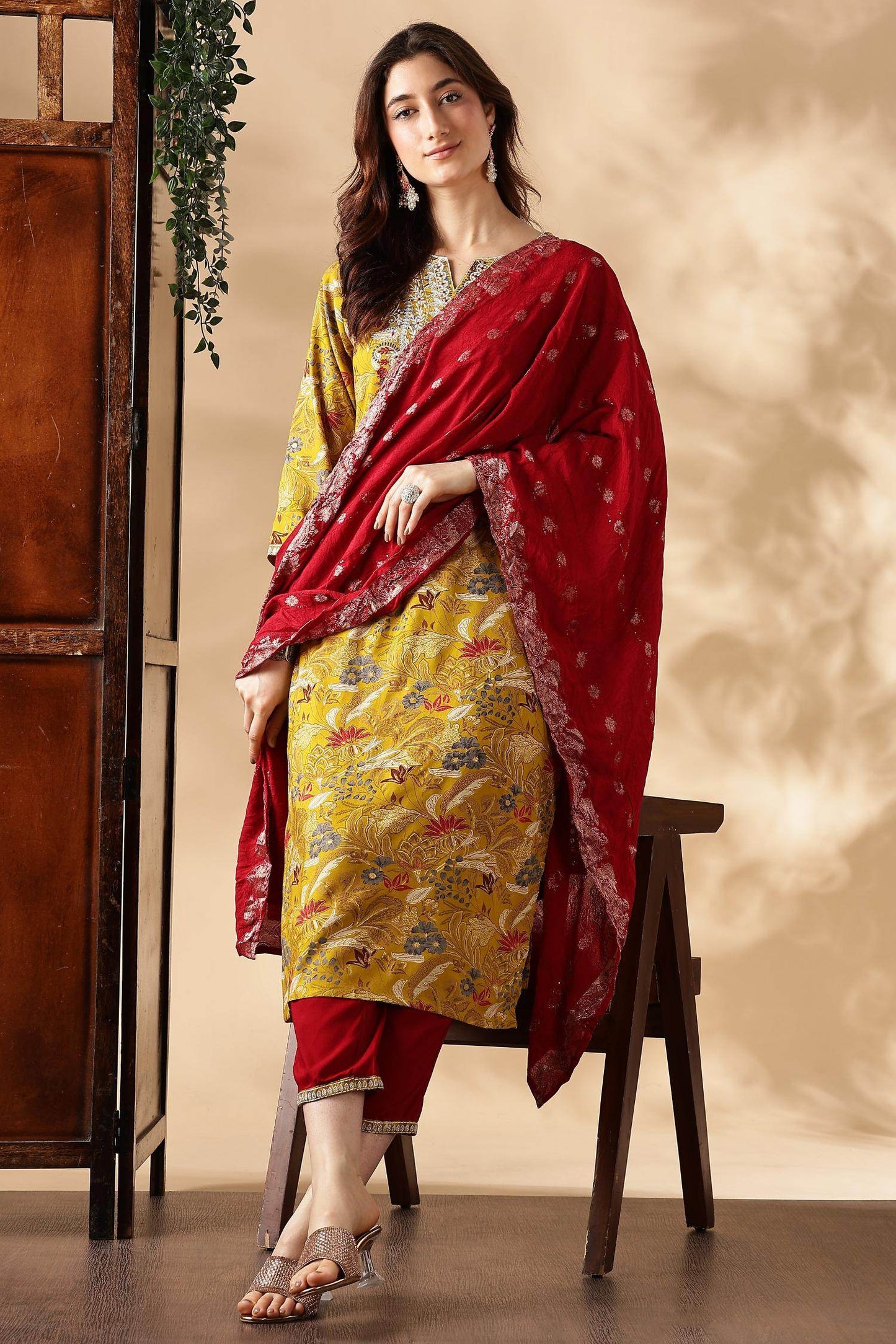 Alfina Yellow & Red Rayon Kurta Set with Dupatta for Women | Festive Ethnic Wear | Stylish Printed Kurta Set