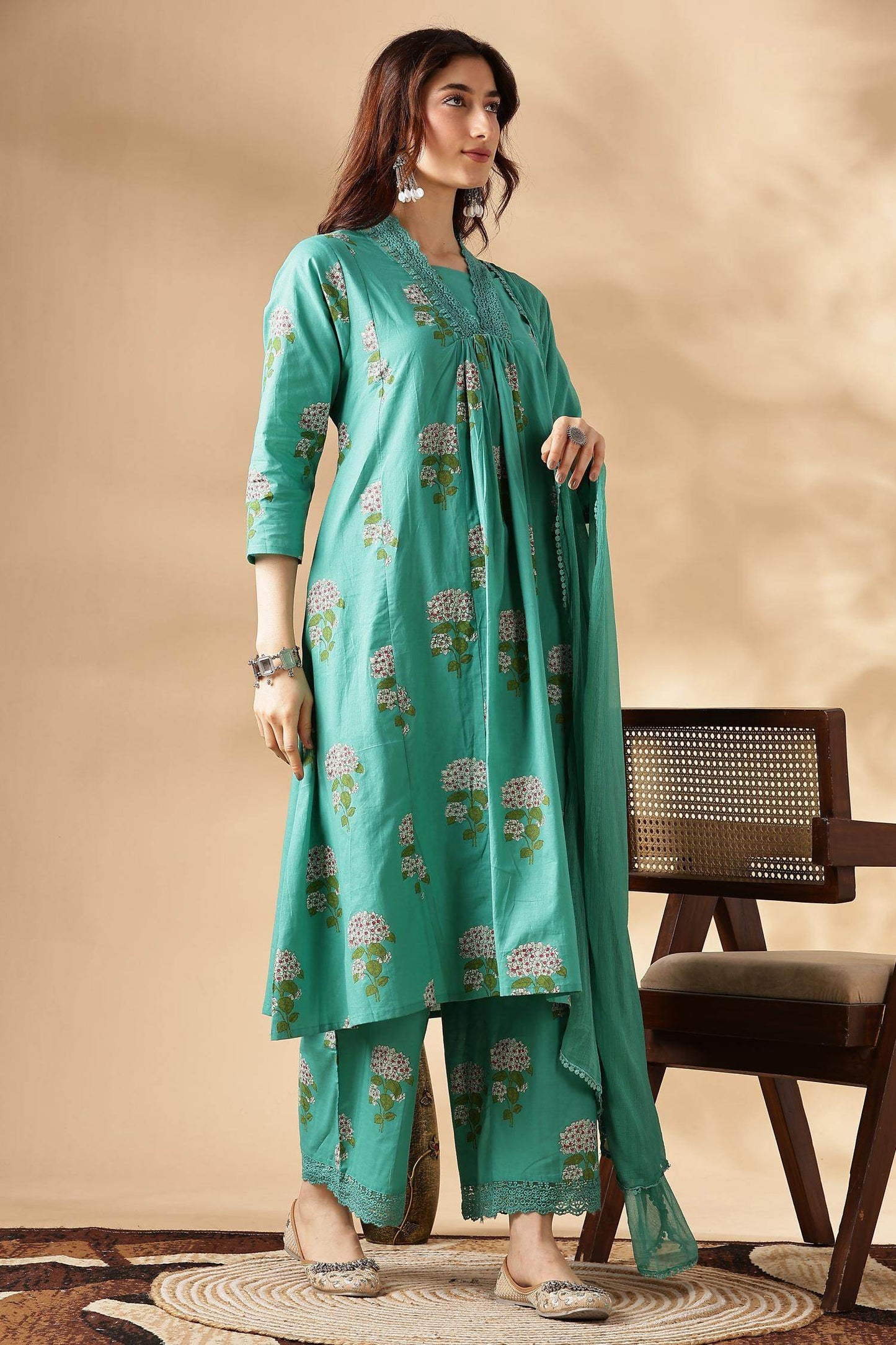 Karishma Cotton Green Kurta Set with Dupatta | Elegant Ethnic Wear for Women