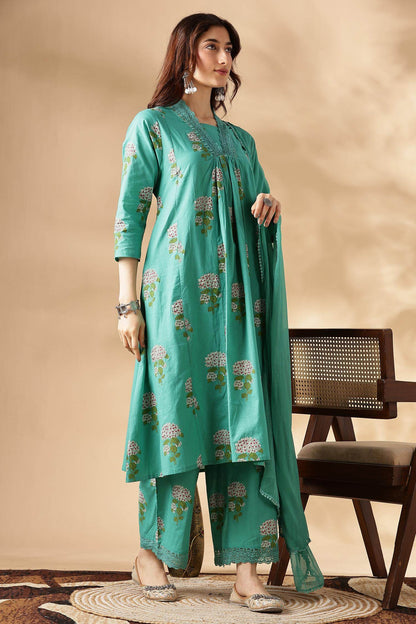Karishma Cotton Green Kurta Set with Dupatta | Elegant Ethnic Wear for Women