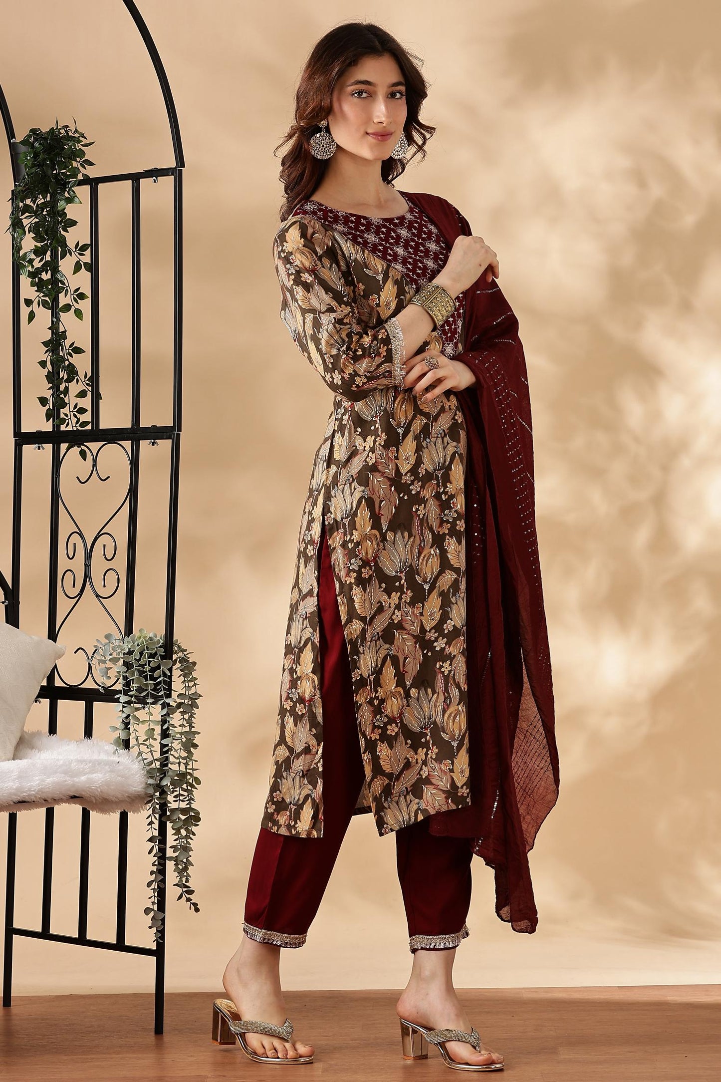 BulBul Areba Printed Wine & Olive Rayon Salwar Suit for Women – Elegant Ethnic Wear Set