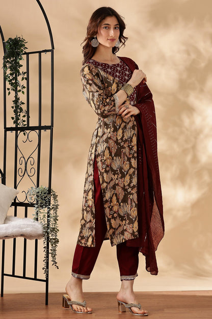 BulBul Areba Printed Wine & Olive Rayon Salwar Suit for Women – Elegant Ethnic Wear Set