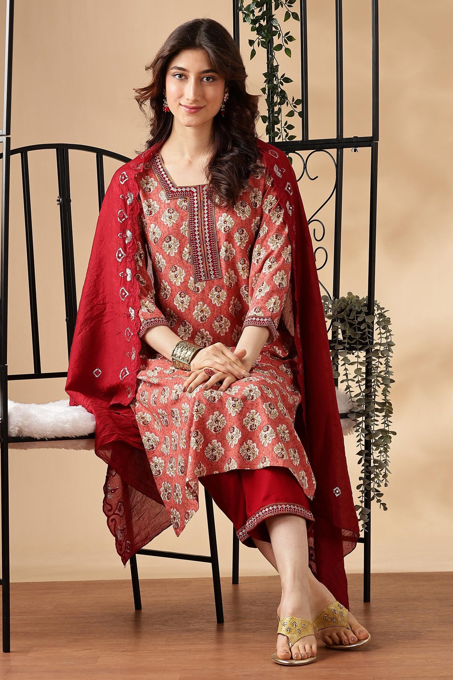 BulBul Shamaira Printed Grey & Rust Rayon Salwar Suit - Lightweight, Stylish Ethnic Wear for Women
