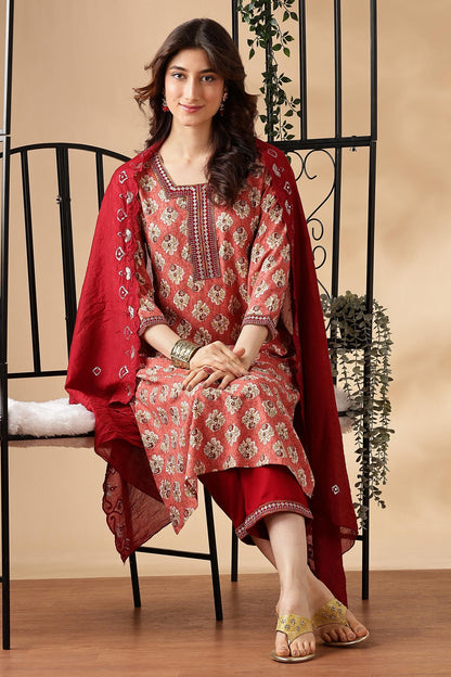 BulBul Shamaira Printed Grey & Rust Rayon Salwar Suit - Lightweight, Stylish Ethnic Wear for Women