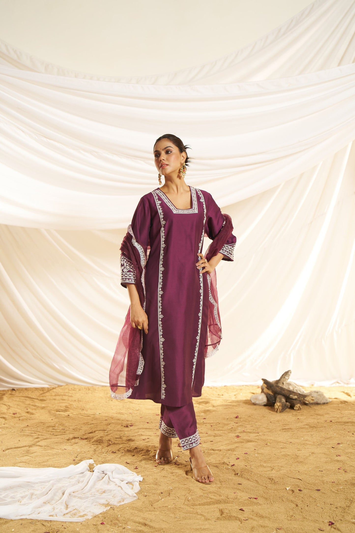 Kayra Wine Aari Embroidered Chinnon Silk A-Line Suit Set with Cotton Lining