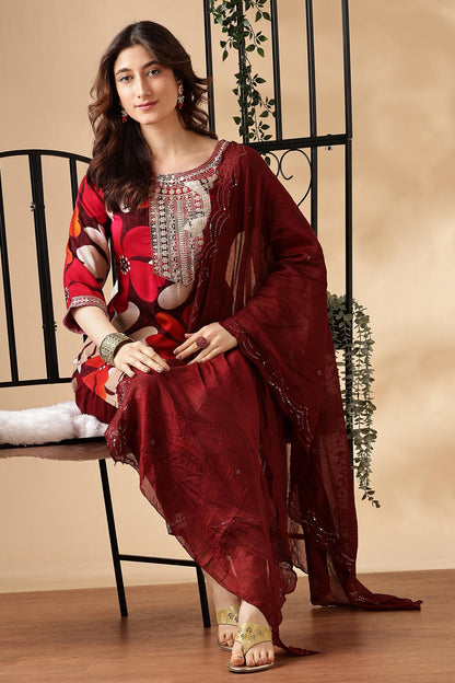 BulBul Roli Floral Printed Red & Grey Rayon Salwar Suit for Women | Elegant Ethnic Wear Set