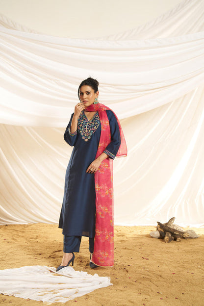 Kayra Navy Multicolor Embroidered Chinnon Silk Suit Set - Straight Fit