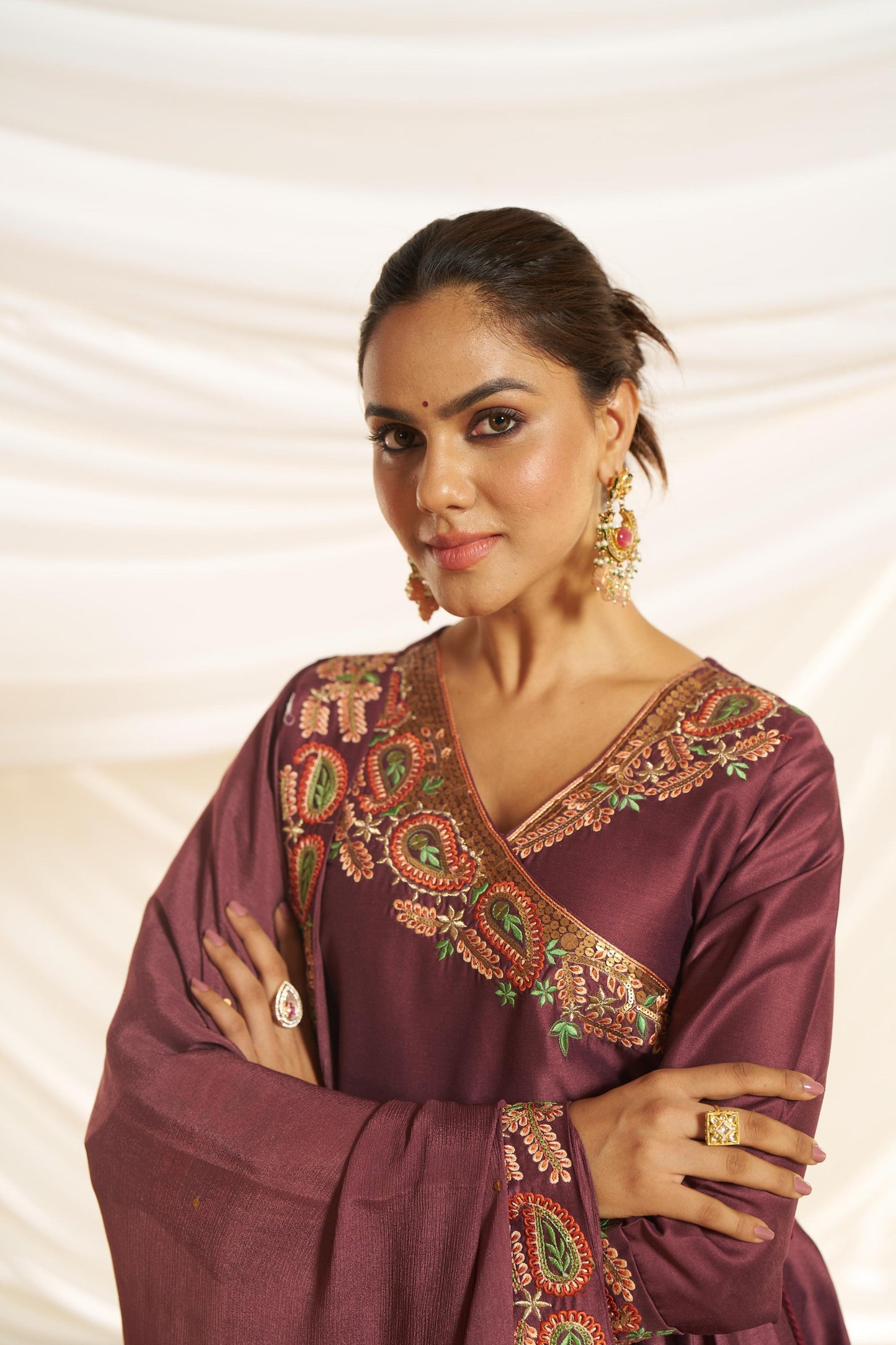 Kayra Wine Paisley Embroidered Sequin Angrakha Silk Suit Set