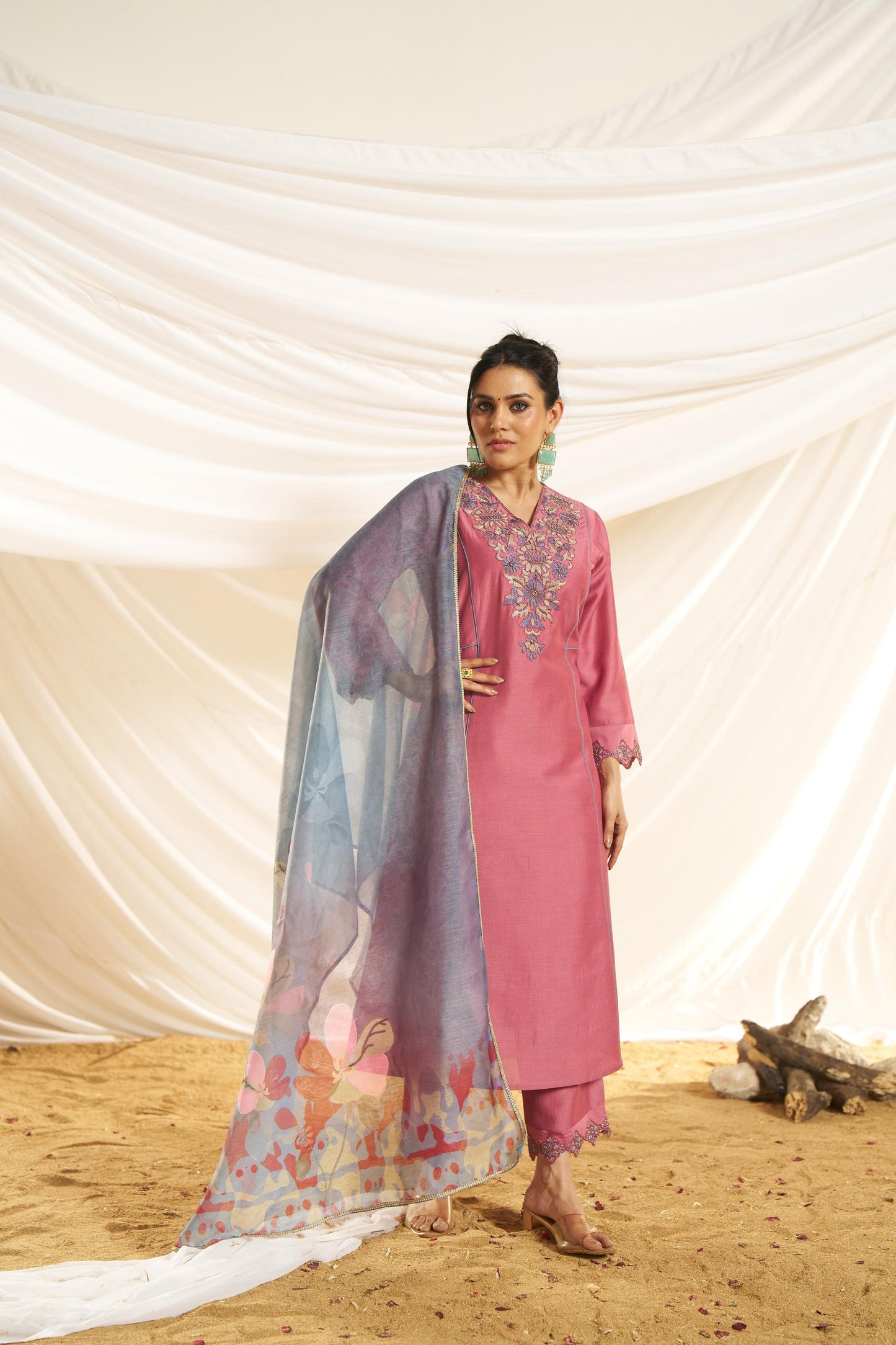 Kayra Blush Pink Embroidered A-Line Suit Set - Chinnon Silk with Cotton Lining