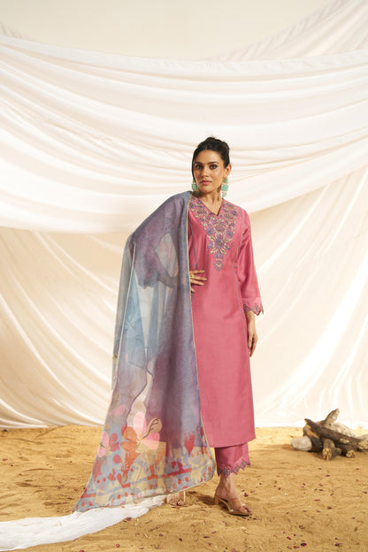 Kayra Blush Pink Embroidered A-Line Suit Set - Chinnon Silk with Cotton Lining