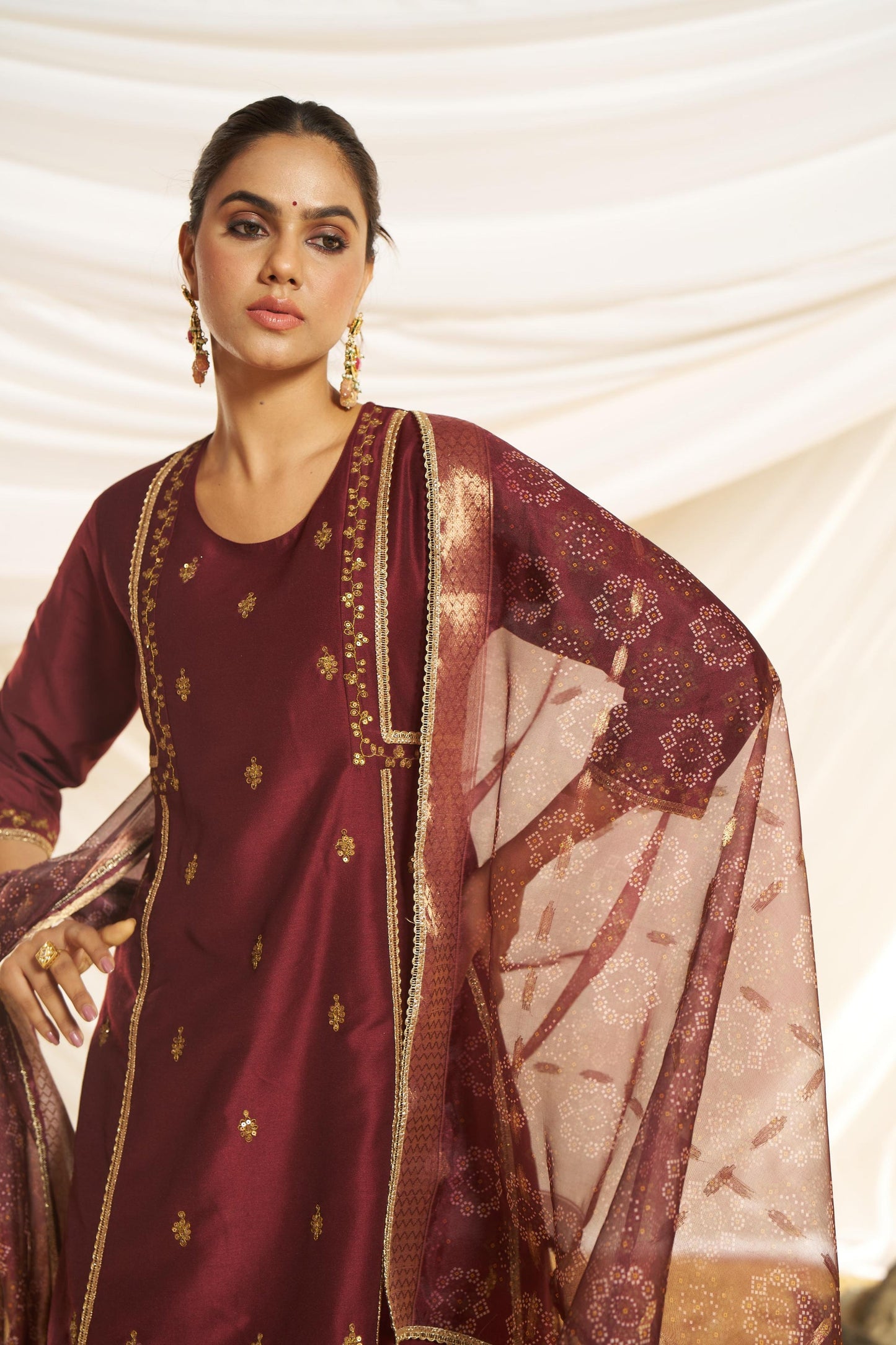Kayra Maroon Sequins A-Line Suit Set with Lace Borders - Chinnon Silk