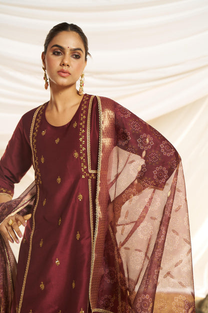 Kayra Maroon Sequins A-Line Suit Set with Lace Borders - Chinnon Silk