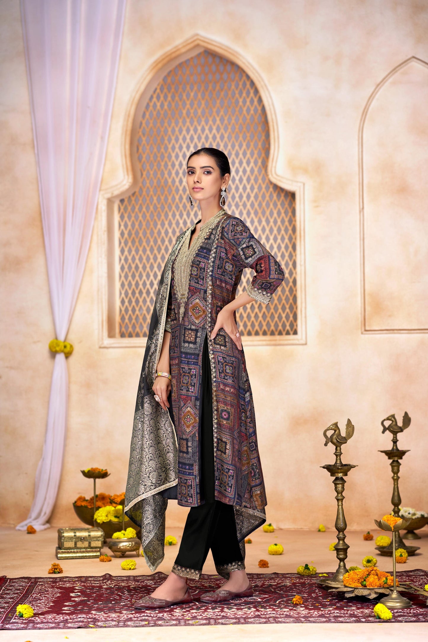 Rashmi Black Thread & Sequins Embellished Chanderi Silk Suit Set with Jacquard Dupatta