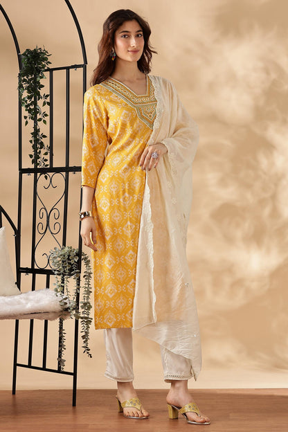 BulBul Sagarika Printed Yellow & Red Rayon Salwar Suit - Soft Breathable Ethnic Wear for Women