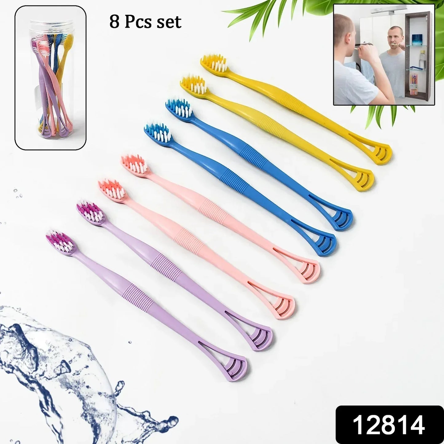 12814 2-in-1 Tooth Brush With Tongue Scraper Soft Bristle Long Handle (8pcs) Soft Toothbrush - warehousetech13