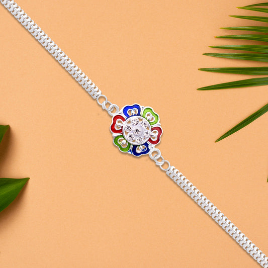 Silver Floral Rakhi With Multicolor Enamel And Stones - warehousetech13
