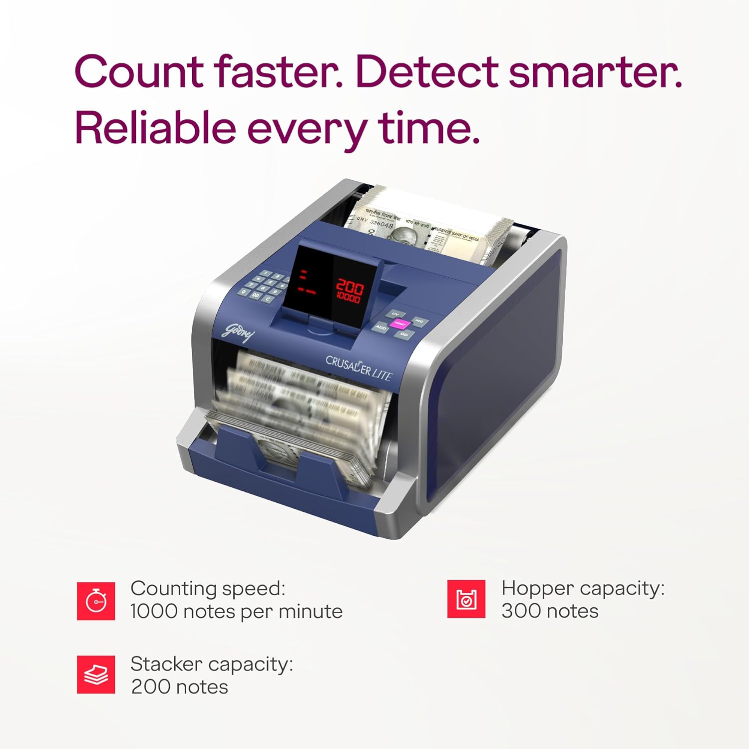 Godrej Security Solutions Crusader Lite Display Currency Counter with Customer Display Unit | Fully Automatic & Mg, Uv & Ir Fake Note Detector - warehousetech13