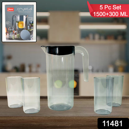 Apex Crystal Premium Jug With Lid 4 Pcs Glass (1500 Ml 300 Ml Approx 5 Pcs Set) - warehousetech13