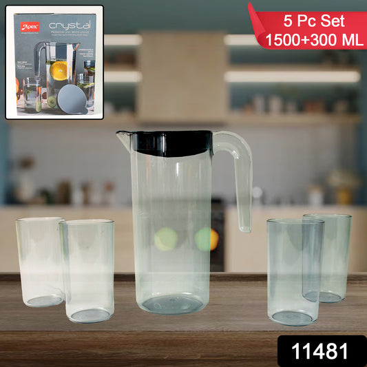 Apex Crystal Premium Jug With Lid 4 Pcs Glass (1500 Ml 300 Ml Approx 5 Pcs Set) - warehousetech13