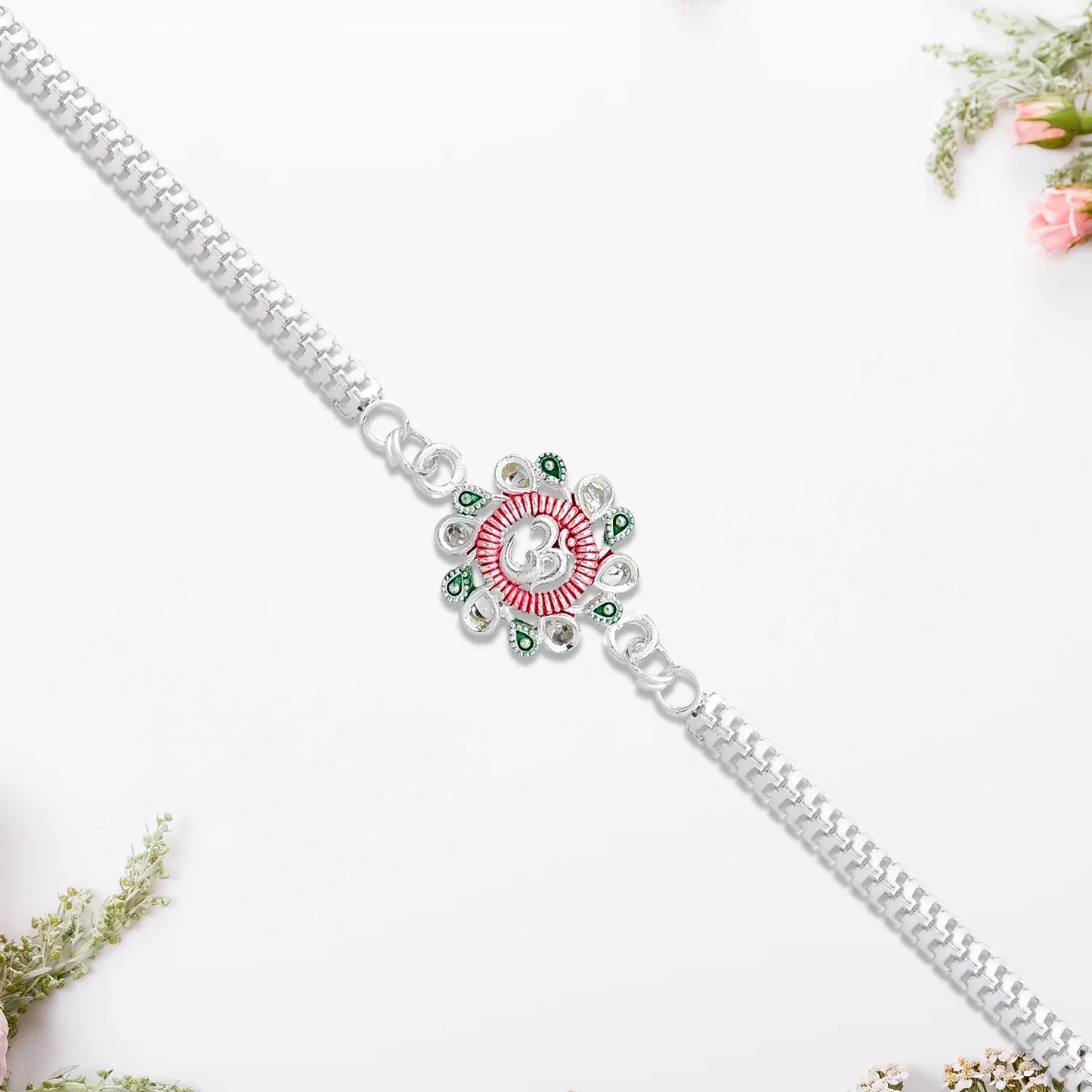Elegant Floral Om Rakhi With Pink-green Accents - warehousetech13