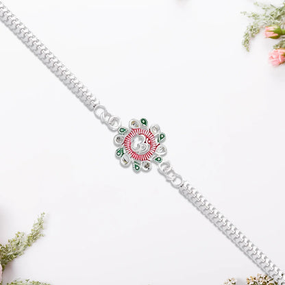 Elegant Floral Om Rakhi With Pink-green Accents - warehousetech13