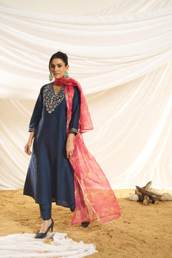 Kayra Navy Multicolor Embroidered Chinnon Silk Suit Set - Straight Fit