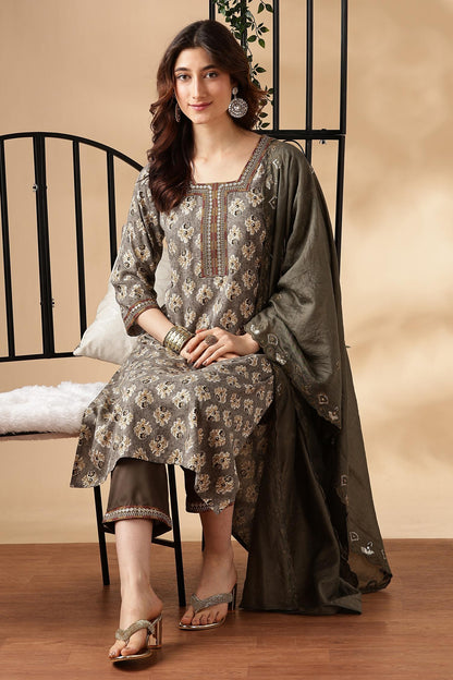 BulBul Shamaira Printed Grey & Rust Rayon Salwar Suit - Lightweight, Stylish Ethnic Wear for Women