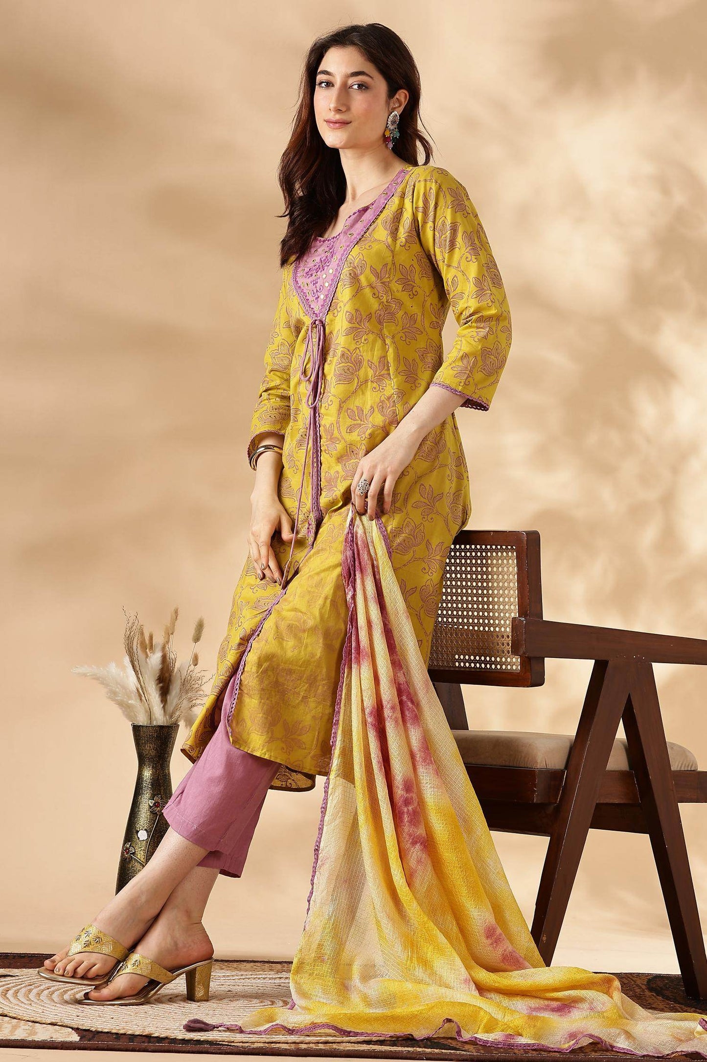 Women's Karina Mustard Cotton Kurta Set with Dupatta – Traditional Ethnic Ensemble