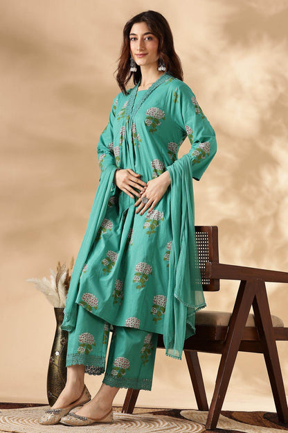 Karishma Cotton Green Kurta Set with Dupatta | Elegant Ethnic Wear for Women