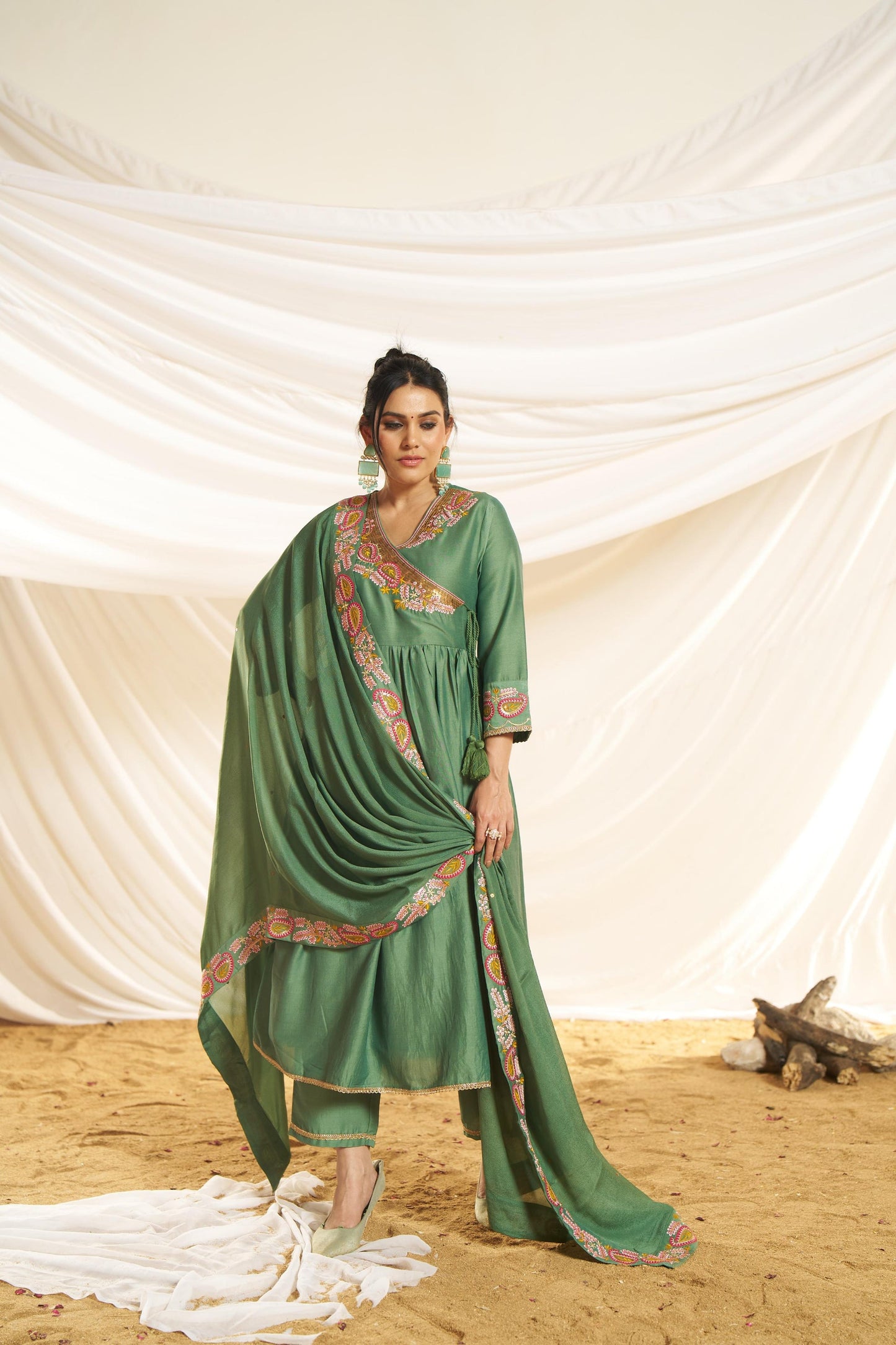Kayra Green Paisley Embroidered Angrakha Suit Set - Chinnon Silk