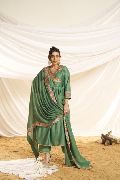 Kayra Green Paisley Embroidered Angrakha Suit Set - Chinnon Silk