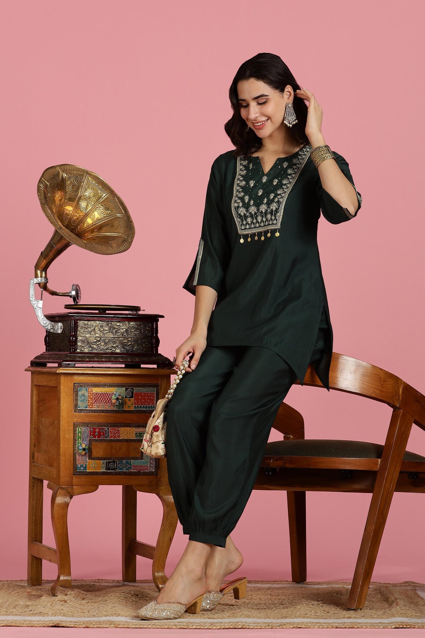 Dark Green Chanderi Silk Kurta Set with Zari Yoke & Coin Embroidery