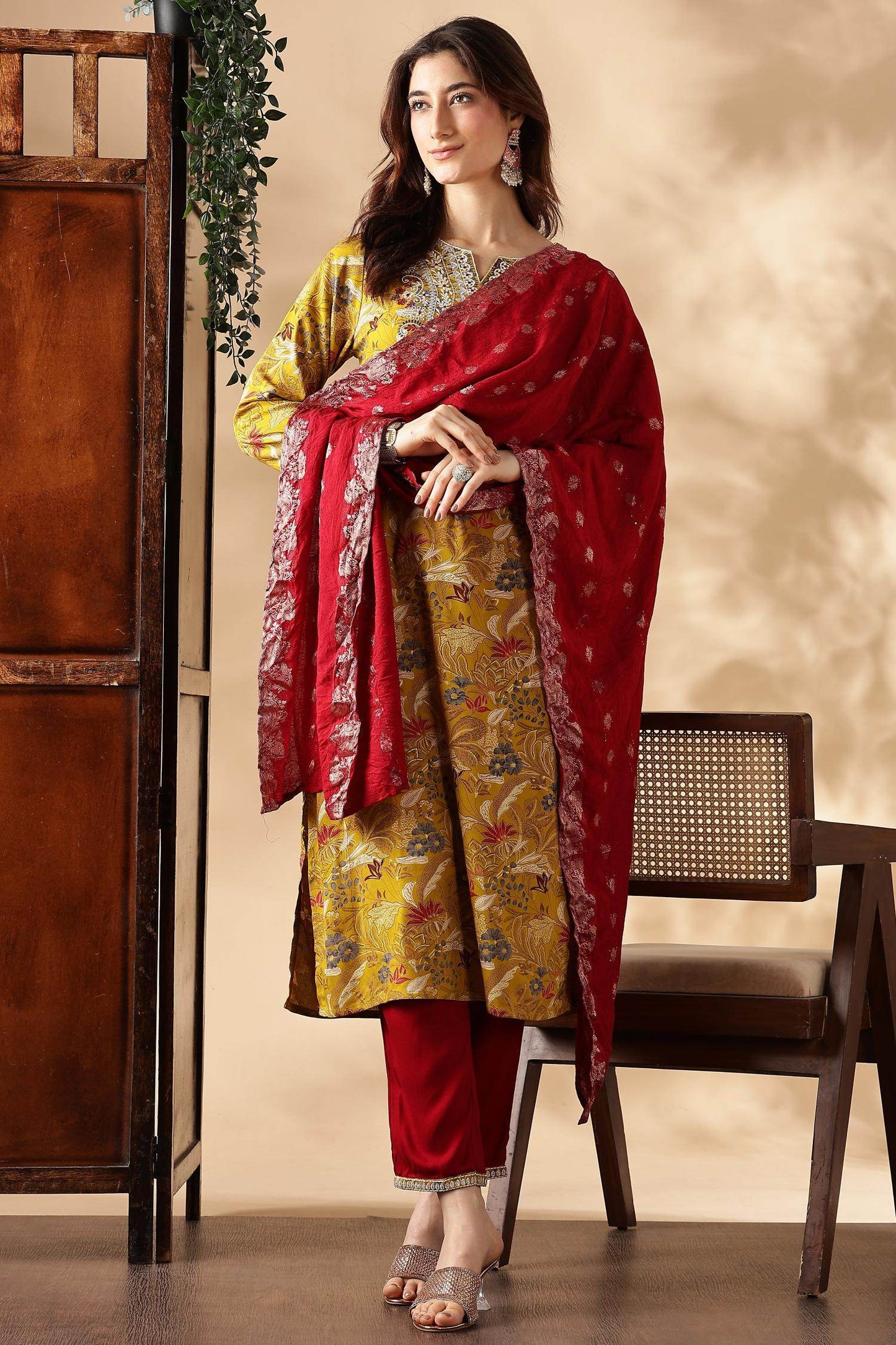Alfina Yellow & Red Rayon Kurta Set with Dupatta for Women | Festive Ethnic Wear | Stylish Printed Kurta Set