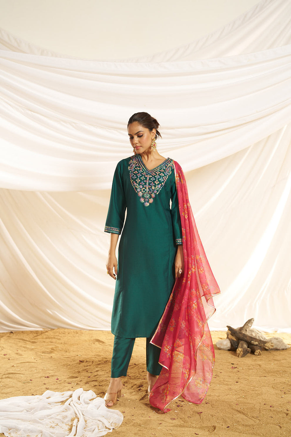 Kayra Green Multicolor Embroidered Chinnon Silk Suit Set - Straight Fit