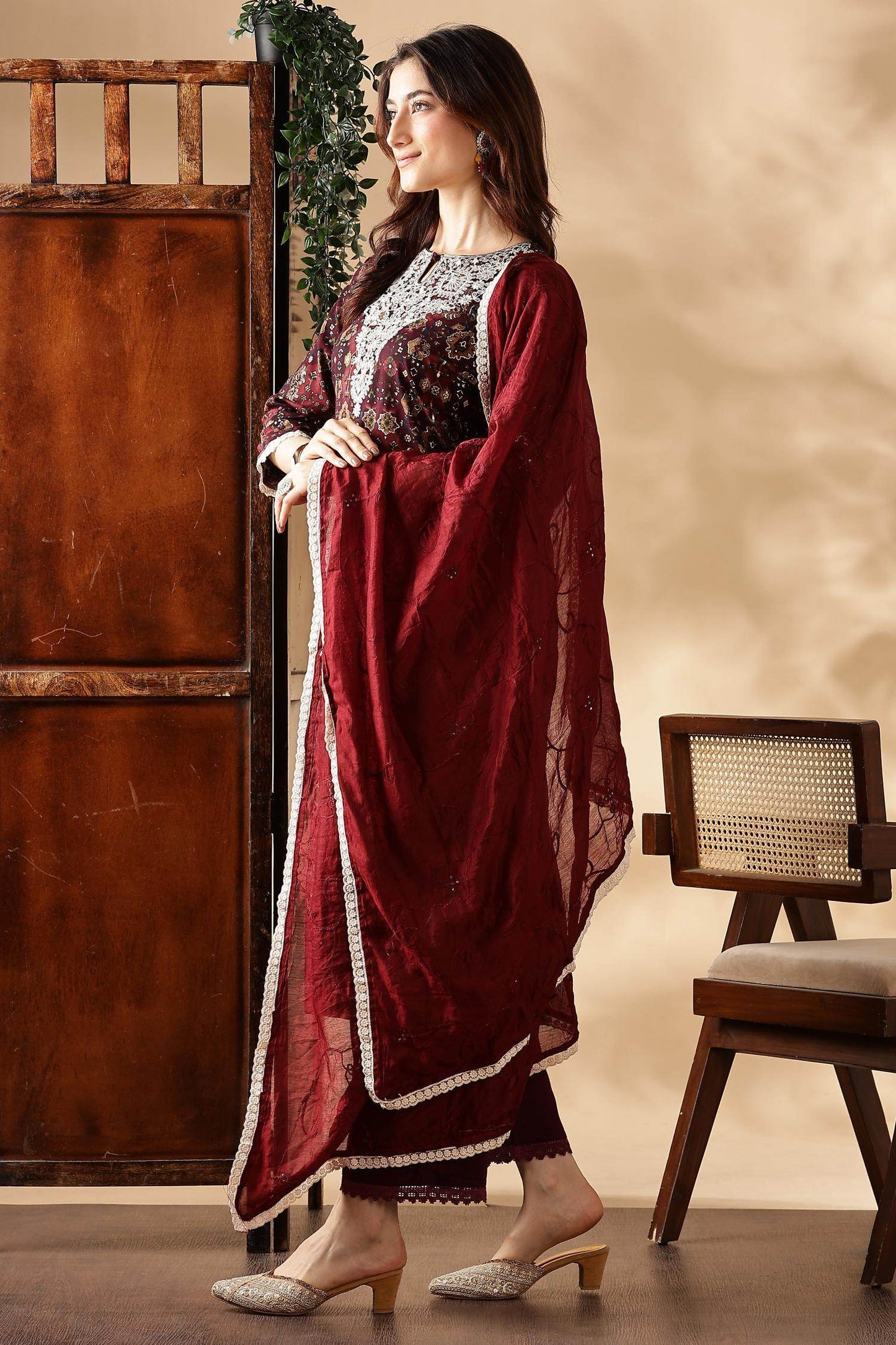 Stylish Anjali Rayon Kurta Set in Wine and Teal with Dupatta
