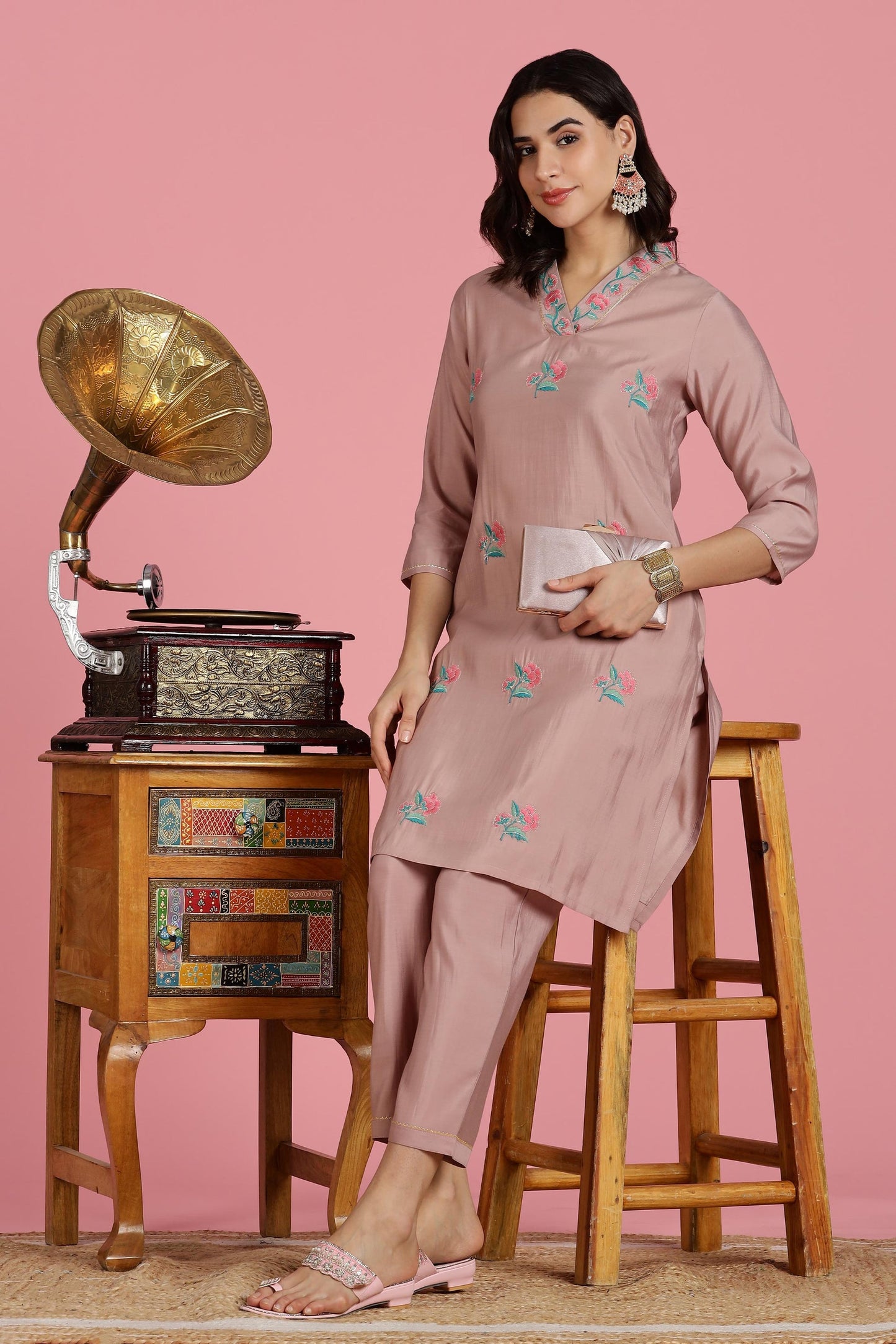 Blush Pink Floral Kota Doriya Kurta Set with Zari Sequin Neckline & Dupatta