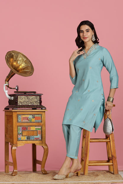 Sky Blue Chanderi Silk Kurta Set with Zari Neckline & Sequin Work
