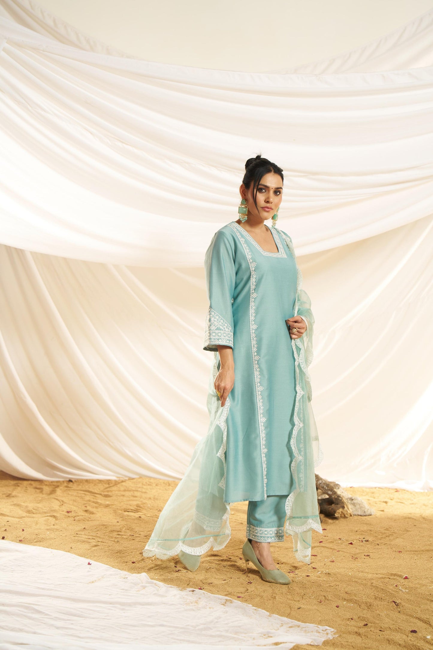 Kayra Aqua Aari Embroidered Chinnon Silk A-Line Suit Set with Cotton Lining