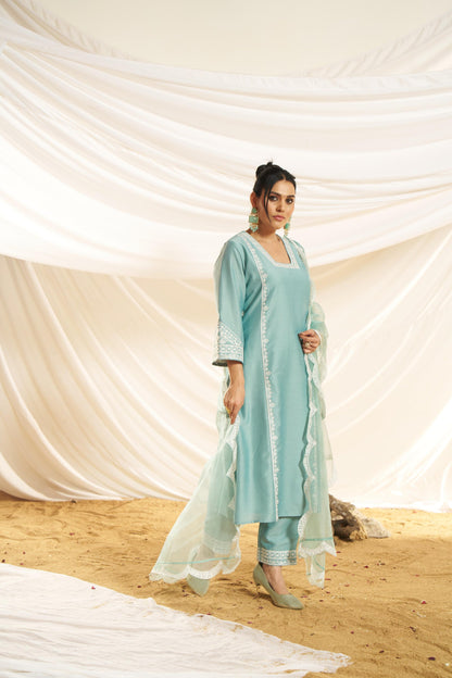 Kayra Aqua Aari Embroidered Chinnon Silk A-Line Suit Set with Cotton Lining