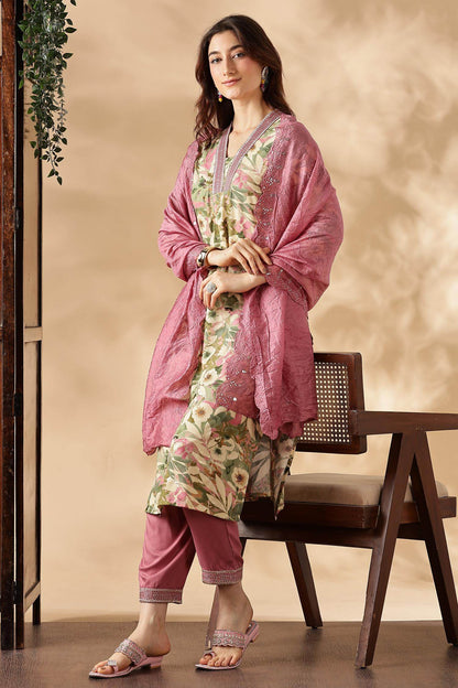 Designer Aafiya Green and Mauve Rayon Kurta with Dupatta Set