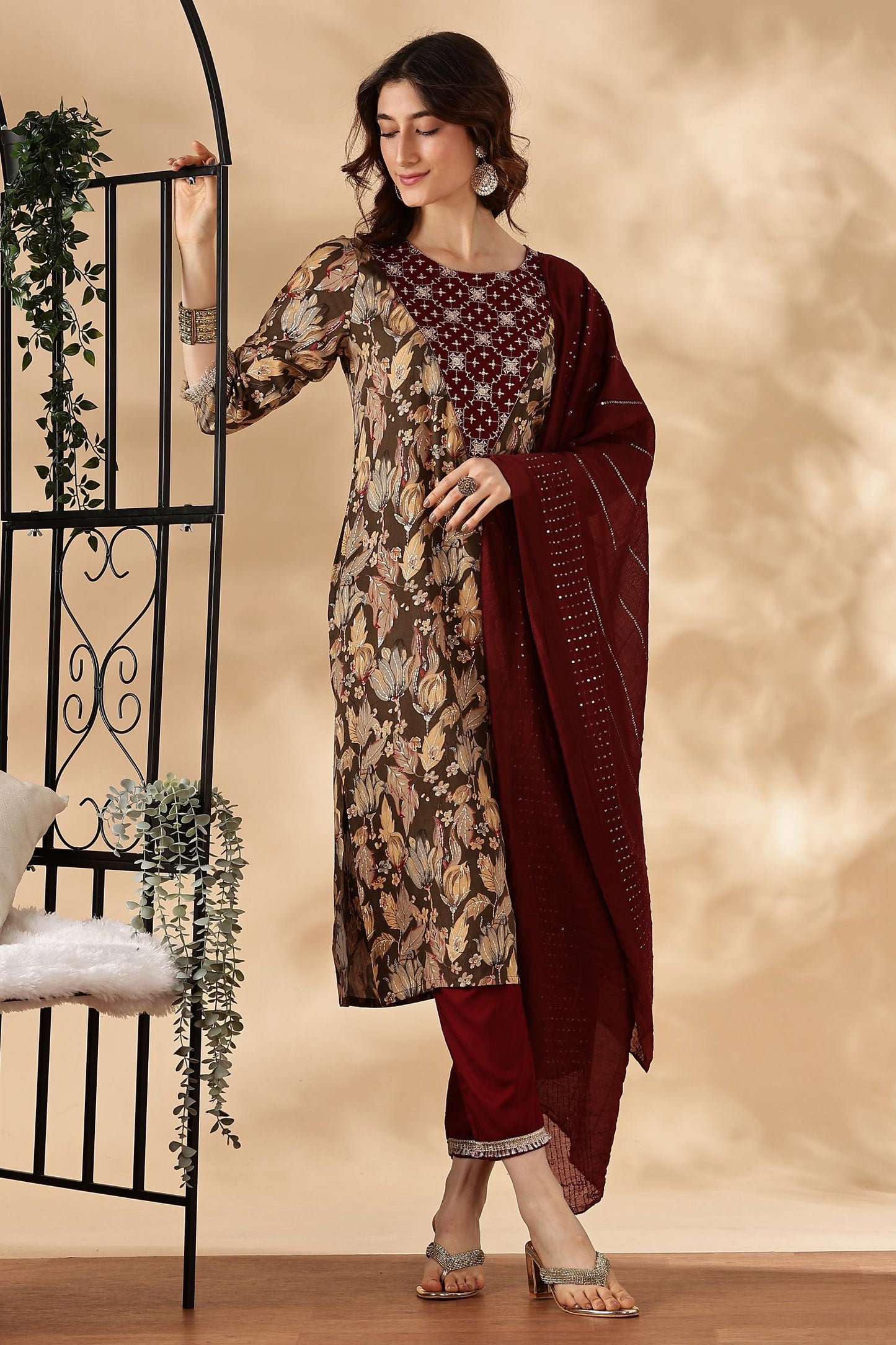 BulBul Areba Printed Wine & Olive Rayon Salwar Suit for Women – Elegant Ethnic Wear Set
