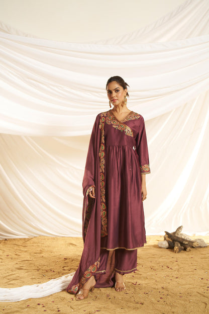 Kayra Wine Paisley Embroidered Sequin Angrakha Silk Suit Set